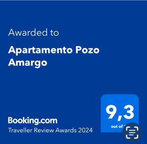 Palkinto, sertifikaatti, kyltti tai muu asiakirja, joka on esillä majoituspaikassa Apartamento Pozo Amargo