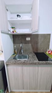 uma cozinha com um lavatório e uma bancada em céntrico y acogedor apartamento en el Prado em Cochabamba