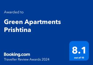 Sertifikat, penghargaan, tanda, atau dokumen yang dipajang di Green Apartments Prishtina