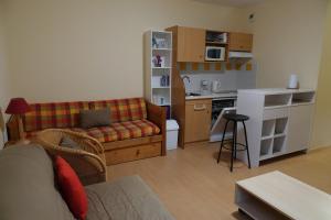 uma sala de estar com um sofá e uma cozinha em AppT2 Grand-Hôtel: Nature, Randos & Thermes (cure) em Aulus-les-Bains