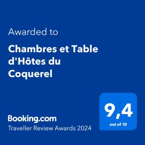 Certifikat, nagrada, logo ili neki drugi dokument izložen u objektu Chambres et Table d'Hôtes du Coquerel