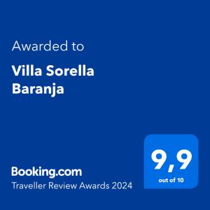 Certifikát, hodnocení, plakát nebo jiný dokument vystavený v ubytování Villa Sorella Baranja