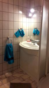 La salle de bains est pourvue d'un lavabo et de serviettes bleues. dans l'établissement Ferienwohung mit Blick auf die Pferdekoppel, à Schotten