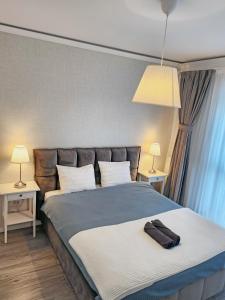 een slaapkamer met een groot bed met 2 tafels en 2 lampen bij Apartament Elite Fundeni sector 2 in Dobroeşti