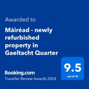 Ett certifikat, pris eller annat dokument som visas upp på Máiréad - newly refurbished property in Gaeltacht Quarter