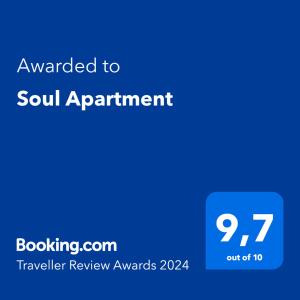 Certifikat, nagrada, logo ili neki drugi dokument izložen u objektu Soul Apartment