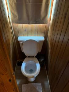 a small bathroom with a white toilet in a wooden room at Complejo Como Vaca in El Chalten