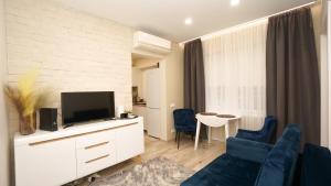 马里扬泊列Red Brick House的客厅里有一张蓝色沙发和一台电视