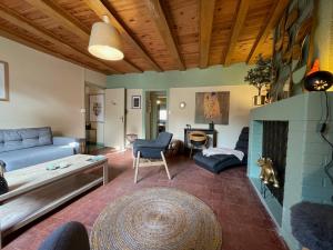 a living room with a couch and a fireplace at Le Doux Douillet Beauval à 5mn du Zoo - Gite Familial en Hypercentre de Saint-Aignan in Saint-Aignan