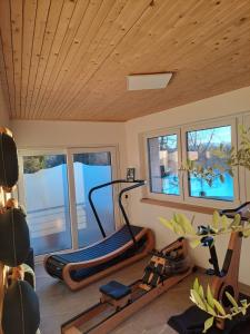 un gimnasio con dos máquinas de correr y ventanas en Hotel-Pension Seebad "Seegenuss-Natur-Spa" en Sulzberg