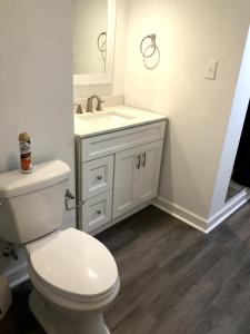 a bathroom with a white toilet and a sink at Heart Of Hickory Home #2 Open Layout Studio Apt in Hickory