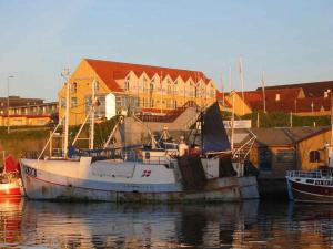 un groupe de bateaux amarrés dans un port avec des bâtiments dans l'établissement Hotel Hirtshals, à Hirtshals