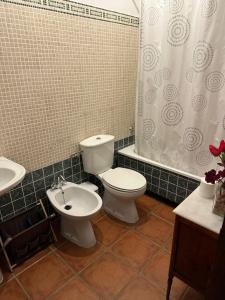 een badkamer met een toilet, een wastafel en een douchegordijn bij Casa Muñecas in Montejaque