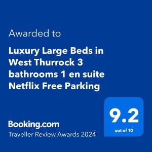 Captura de pantalla de un teléfono con texto quería camas grandes de lujo en en Luxury Large Beds in West Thurrock 3 bathrooms 1 en suite Netflix Free Parking, en Grays