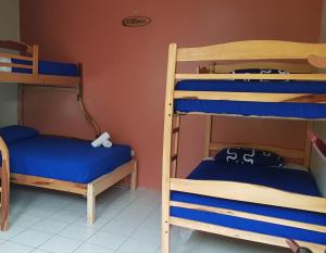 two bunk beds in a room with blue sheets at Riveri Salinas host in Salinas