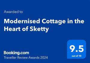 um fundo azul com o texto atualizado para casa de campo fabricada no coração da segurança em Modernised Cottage in the Heart of Sketty em Swansea