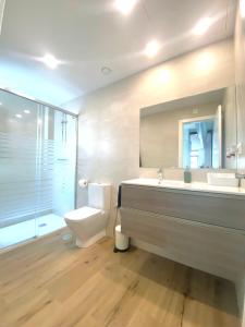 La salle de bains est pourvue d'une baignoire, de toilettes et d'un lavabo. dans l'établissement Loft Chimenea Beach, à Malaga
