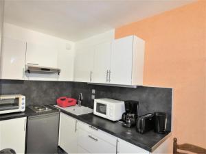 エクスレバンにあるRésidence Le Chateau Durieux 3 - Très belle vue pour ce petit studio au calme ! MAE-7724の小さなキッチン(白いキャビネット、電子レンジ付)