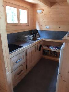 een keuken met houten kasten en een wastafel bij Chalet - Chalets 494 in Lans-en-Vercors