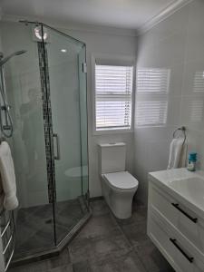 a bathroom with a shower and a toilet and a sink at Redwood Apartments in Rotorua