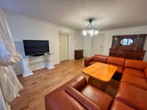 uma sala de estar com um sofá de couro e uma televisão em großzügige Wohnung in der Altstadt mit Balkon em Görlitz