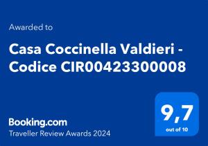 Certifikát, hodnocení, plakát nebo jiný dokument vystavený v ubytování Casa Coccinella Valdieri