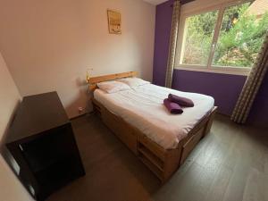 um pequeno quarto com uma cama e uma janela em Rêve cosy - Arceaux * Spacieux F3 * proche tram * wifi * parking em Montpellier