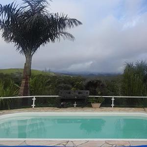 una piscina con una palmera y un banco en Chácara Recanto da Paz en Igaratá