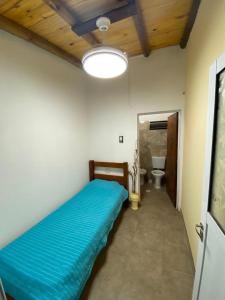 a bedroom with a blue bed and a toilet at La Casona de Susana in Colón