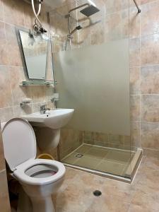 een badkamer met een toilet, een wastafel en een douche bij Апартамент Касъл in Pamporovo