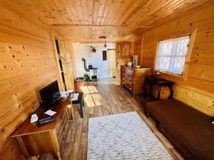 a living room with a couch and a television in a cabin at Ranč Skalka in Rousínov