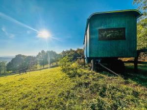 a blue shed sitting on top of a grass field at Ranč Skalka in Rousínov +4 photos