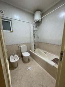 a bathroom with a toilet and a tub and a sink at Comfortable family apt - 1002 in Amman