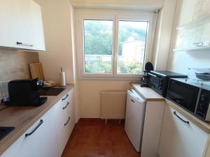 uma pequena cozinha com um micro-ondas e uma janela em Résidence Montcalm C - Studio pour 2 Personnes 004 em Aix-les-Bains
