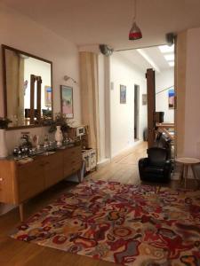 a living room with a large rug and a mirror at Loft 50m2 entre la Seine et le Panthéon in Paris