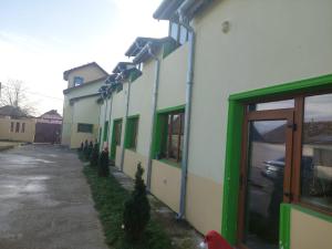 a white building with green trim next to a street at Casa Emilia Ana Maria in Recaş