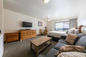 a living room with a couch and a tv at Cozy Studio #226 at Donner Lake Village in Truckee