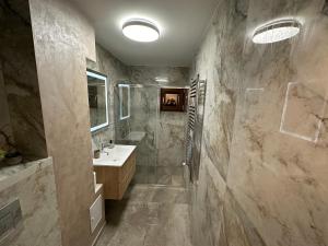 uma grande casa de banho com um lavatório e um chuveiro em Traian Deluxe em Drobeta-Turnu Severin