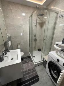 a bathroom with a shower and a sink and a toilet at Apartment Obi Osijek in Osijek