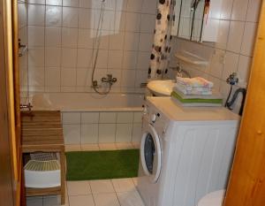 uma casa de banho com uma máquina de lavar roupa, um lavatório e uma máquina de lavar roupa em Bauernhof Hammerer em Egg