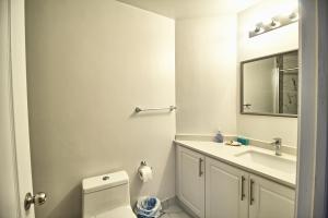 a bathroom with a toilet and a sink and a mirror at Private Bathroom and a Free Parking in Vaughan