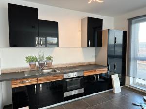 a kitchen with black cabinets and a sink at Pension Boardinghaus Dingolfing in Dingolfing