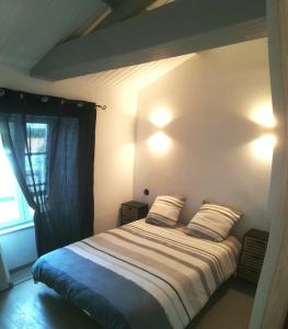 1 dormitorio con 1 cama con 2 almohadas y ventana en La Longère de Fréd et Line, en La Garnache