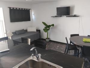 a kitchen and living room with a sink and a table at La Mora in Mina Clavero