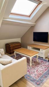 a living room with a skylight and a couch and a tv at The Brick House - Appartement Renoir in La Roche-Guyon