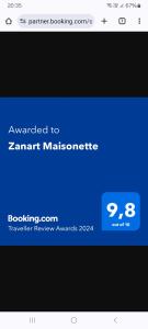 Certifikát, hodnocení, plakát nebo jiný dokument vystavený v ubytování Zanart Maisonette