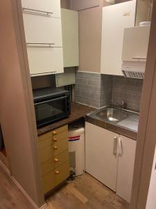 a small kitchen with white cabinets and a sink at Spørkel Landbruk in Lier