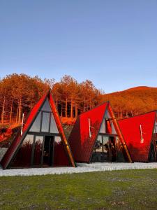 two triangular houses with red roofs in a field at Vila Alpine Arlon Gjinar in Gjinar