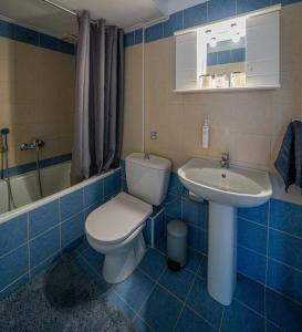 a blue tiled bathroom with a toilet and a sink at Frida's Home for 2 in Kozani in Kozani