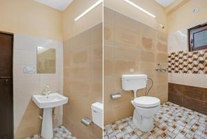 two pictures of a bathroom with a toilet and a sink at Prince Residency in Greater Noida
